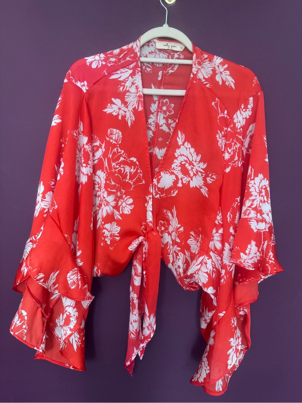 Molly Green Red Floral Tie-Front Women's Kimono Top